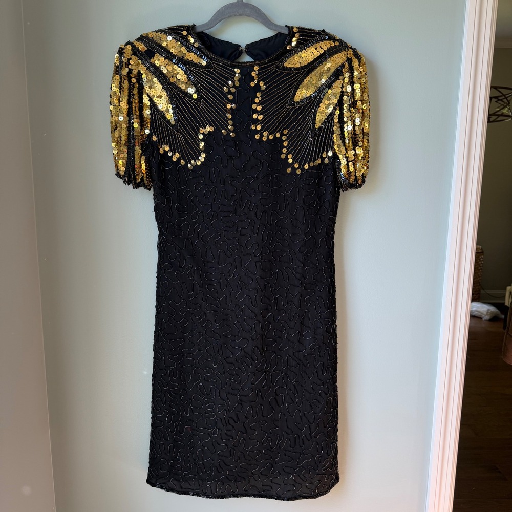 Vintage 90s Y2K Scala Beaded Sequins 100% Silk Dress Black Gold P/L Petite Large